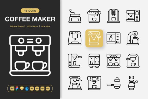 Coffee Maker Icons for Modern Branding and Graphics