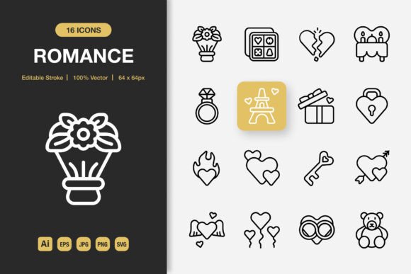 Romance Outline Icons for Modern Design Projects