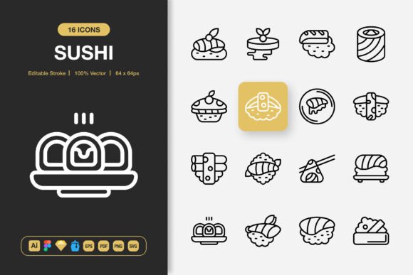 Sushi Outline Icons for Modern Branding and Graphics